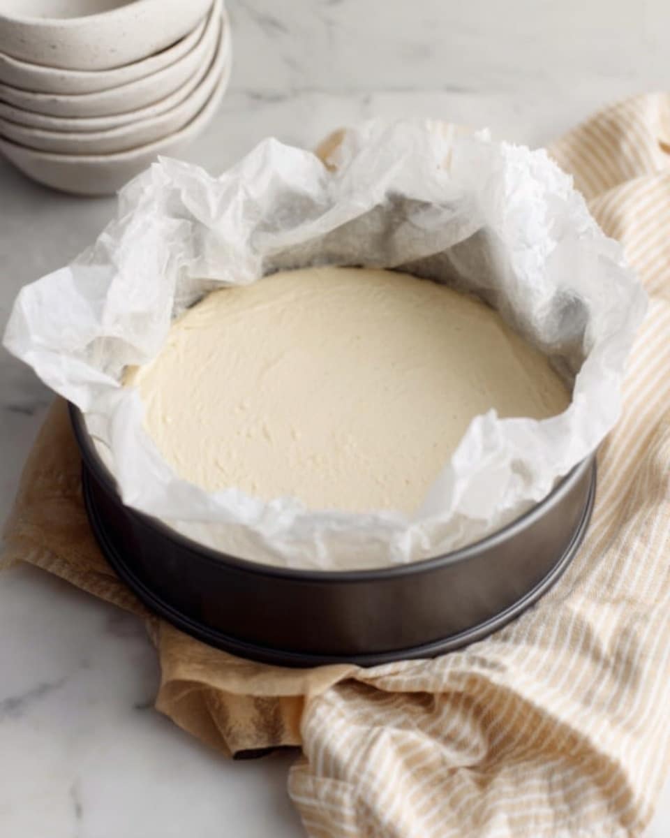 A round springform pan lined with crinkled white parchment paper holds a smooth, thick pale cream batter spread evenly inside. The pan is dark metal, and next to it lies a beige striped cloth on a white marbled surface. In the background, blurred white bowls are stacked. photo taken with an iphone --ar 4:5 --v 7