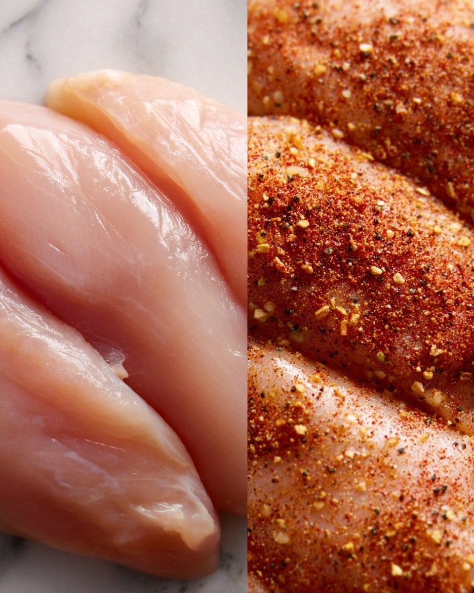 The image shows two close-up views of raw chicken. On the left side, there are three smooth, pale pink chicken pieces with a moist texture. On the right side, three chicken pieces have a seasoning layer, which is a mix of red, black, and yellow spices, giving the surface a coarse, grainy texture with a reddish-brown color. The background is a white marbled texture. photo taken with an iphone --ar 4:5 --v 7