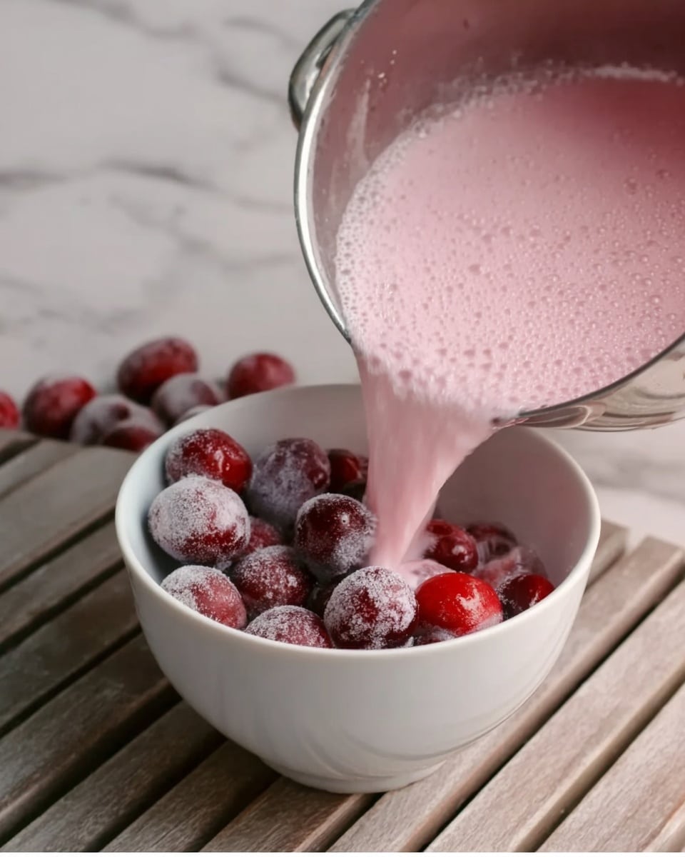 The image shows a tall glass filled with a thick pink smoothie with visible small bits of darker fruit throughout, topped with a light red and white striped straw. The glass is tied around the middle with a thin pink and white string. Next to the glass, there is a white bowl filled with round frozen berries in shades of red and purple. Behind these, a blender container partly filled with more pink smoothie sits on a wooden surface. The background is bright with light coming through a window, and the whole scene is set on a white marbled texture. Photo taken with an iphone --ar 4:5 --v 7