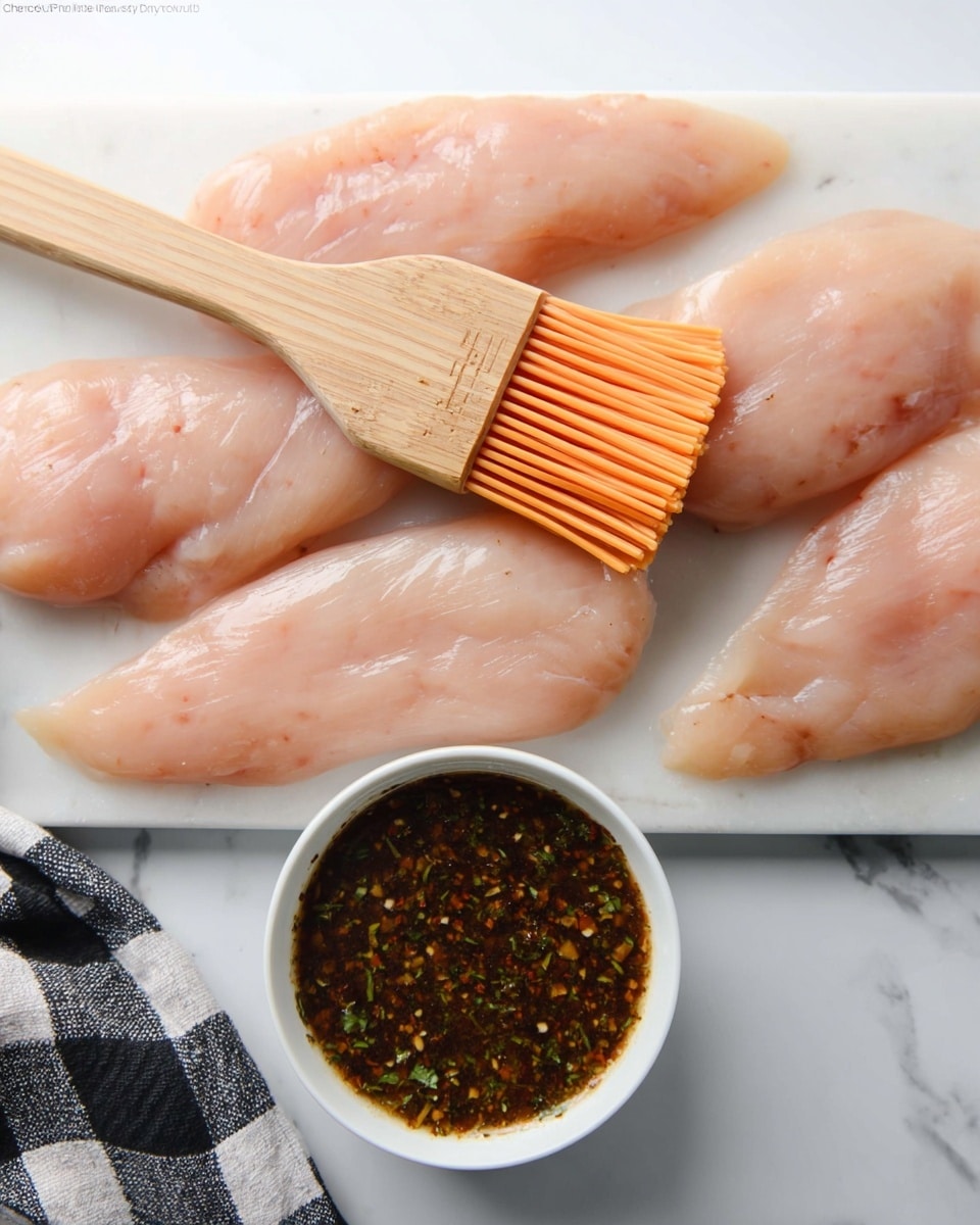 The image shows four light pink, raw chicken fillets spread out on a white marbled surface. On top of the fillets lies a wooden brush with orange silicone bristles, partially resting on the chicken pieces. Below the fillets, there is a small white bowl filled with dark brown sauce that looks thick and chunky with visible herbs and spices. A black and white checkered cloth is partially visible at the bottom left corner of the image. Photo taken with an iphone --ar 4:5 --v 7