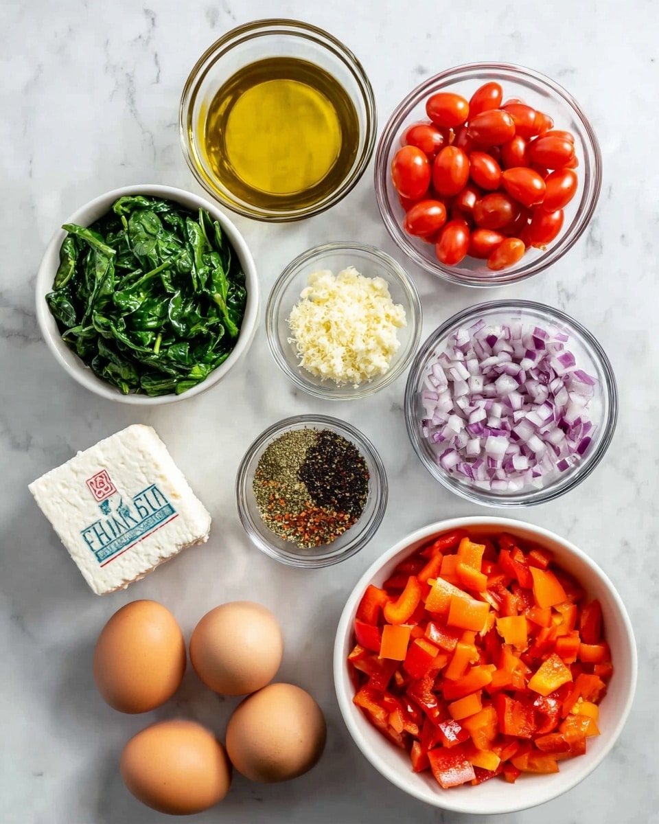 A white bowl filled with bright orange chopped bell peppers is placed at the bottom right corner, nearby a small white bowl containing a mix of dried herbs and spices in green, red, black, and white colors. Above the spice bowl is a small transparent bowl holding finely minced pale yellow garlic. To the right of the garlic is a medium transparent bowl filled with chopped purple and white onions. Above the onions is a small transparent bowl with golden olive oil. To the left and slightly above the oil bowl is a medium transparent bowl full of fresh green spinach leaves. Near the spinach is a block of white feta cheese with a blue label. To the upper left of the feta is a medium transparent bowl containing many small shiny red cherry tomatoes. At the top right of the image, four brown eggs are arranged in a loose cluster. All of these bowls and ingredients rest on a white marbled surface, photo taken with an iphone --ar 4:5 --v 7