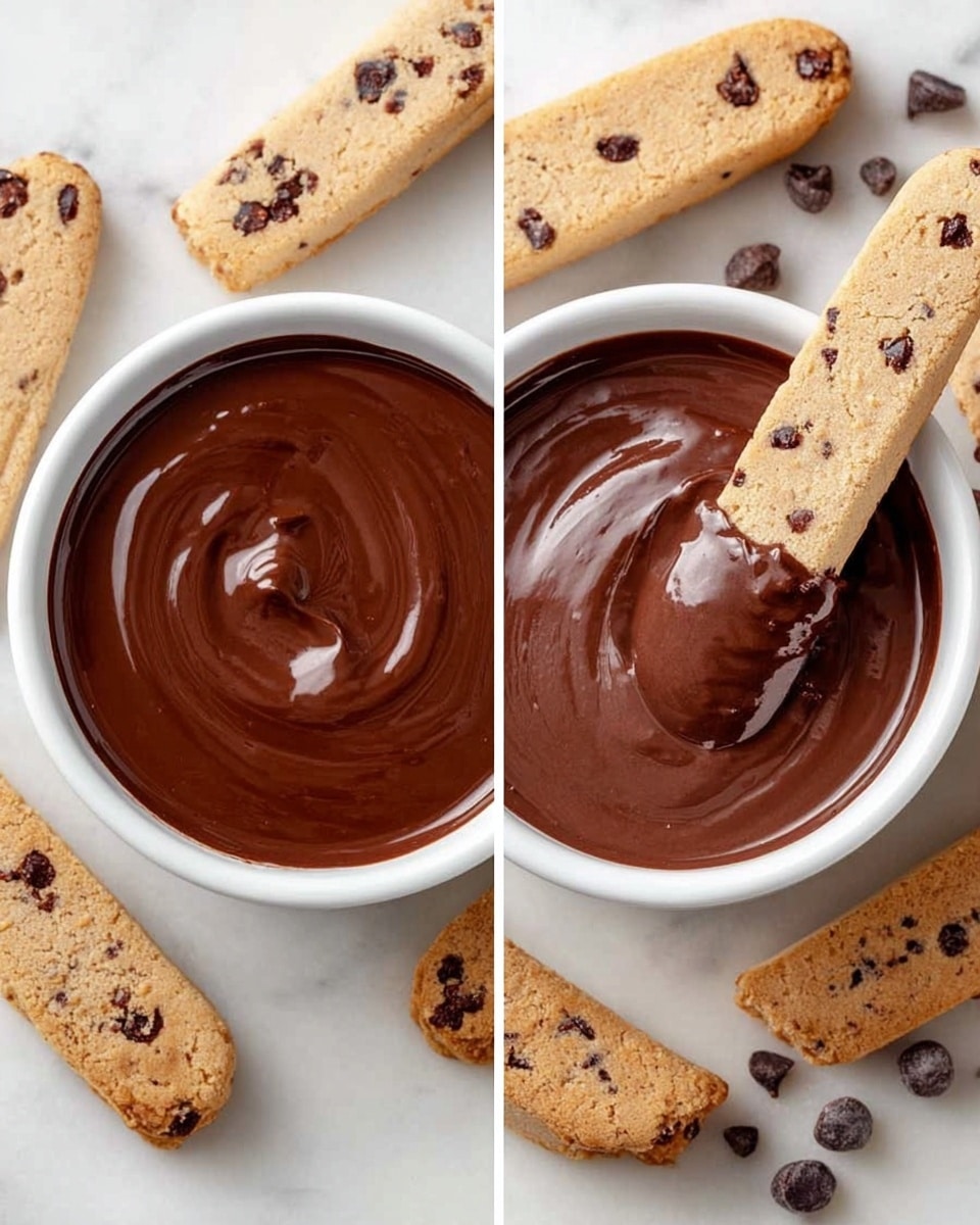 The image shows two side-by-side pictures: the left side has a top view of a small white bowl filled with smooth, thick chocolate sauce with a shiny texture and gentle swirling on the surface. The right side shows a similar white bowl of chocolate sauce partially covered by a beige cookie stick with visible dark chocolate chips, dipped halfway into the sauce. Around the bowl, there are several more beige cookie sticks with dark chocolate chips arranged on a white marbled surface. The colors mainly include the creamy brown of the chocolate sauce and light tan with dark spots of the cookies. photo taken with an iphone --ar 4:5 --v 7