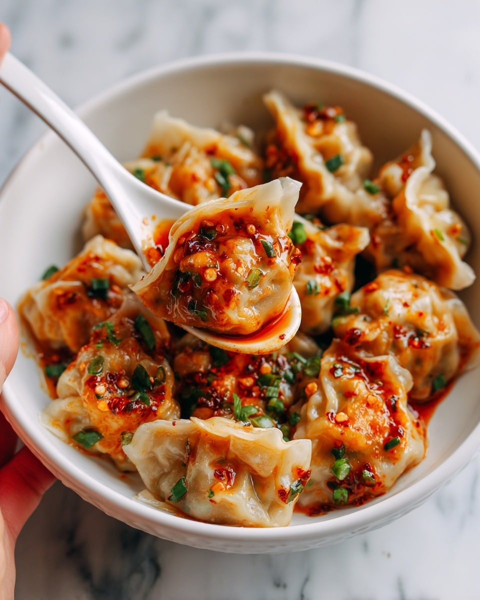 A white bowl filled with many small dumplings covered in a reddish-orange sauce with bits of green herbs and spices scattered on top. One dumpling is lifted on a white spoon held by a woman's hand, showing the soft, folded dough texture with sauce dripping slightly. The dumplings are mostly pale beige with hints of orange and green from the sauce and herbs. The background is a white marbled surface. photo taken with an iphone --ar 4:5 --v 7