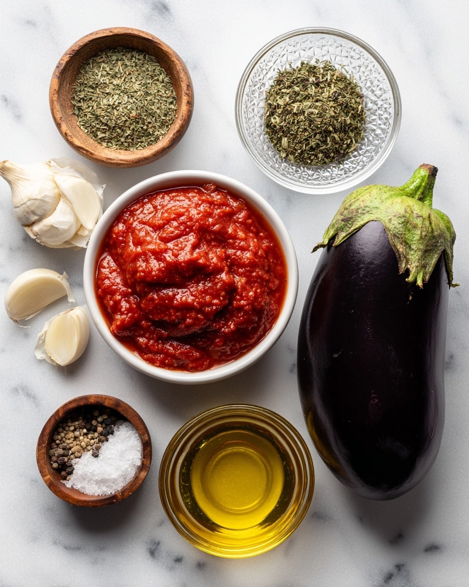 A fresh whole dark purple aubergine with a green stem lies on a white marbled surface. Around it are six small white bowls and containers: one with smooth light beige vegan mozzarella sauce, another with bright red tomato sauce in a textured glass bowl, a small rustic bowl holding golden olive oil, a transparent container with chopped garlic, and a wooden bowl containing small piles of dried oregano, black pepper, and white salt. The colors and textures of each ingredient stand out neatly against the white marbled surface. Photo taken with an iphone --ar 4:5 --v 7
