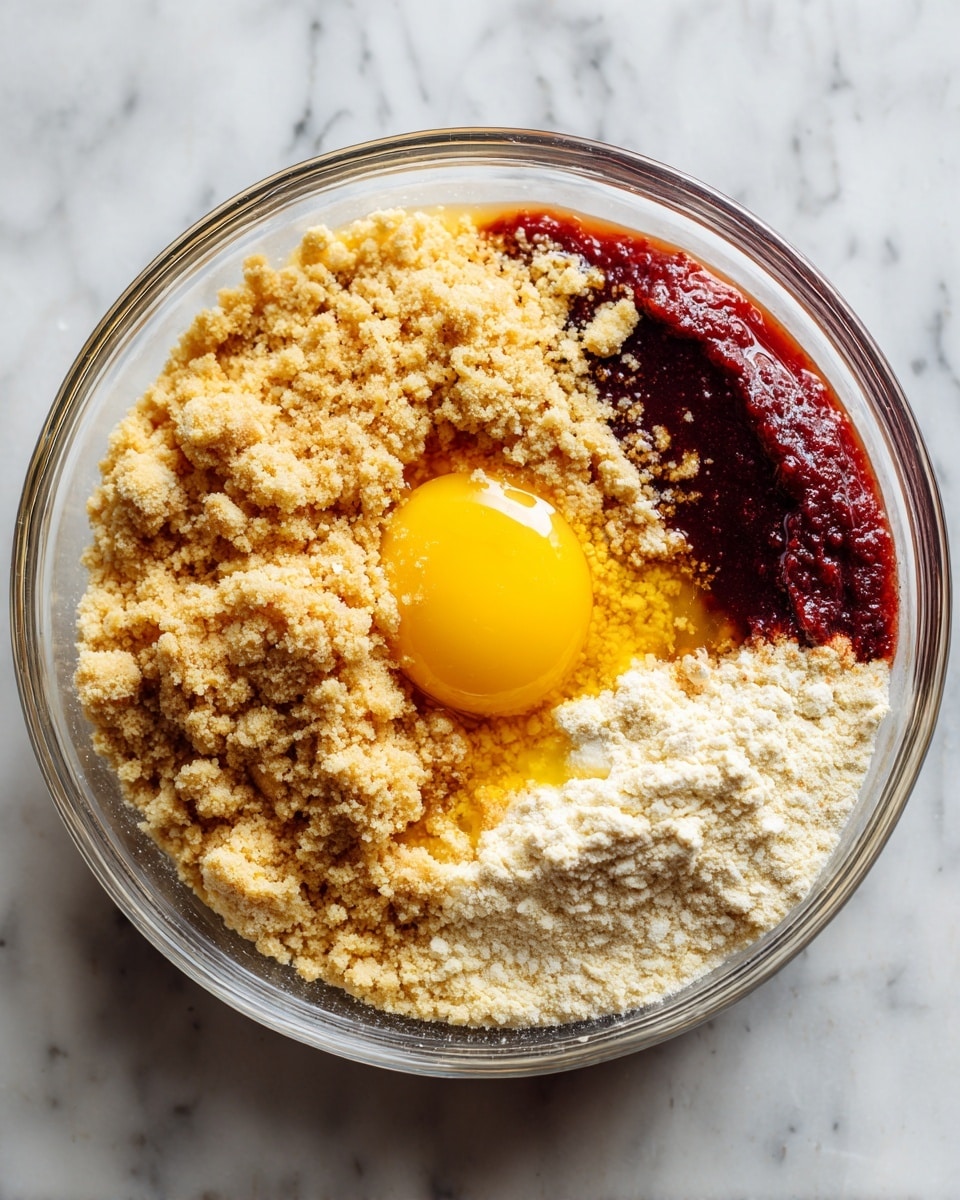 The image shows two clear glass bowls placed side by side on a white marbled surface. The bowl on the left contains roughly 3 layers: a light brown crumbly mixture on top, a bright yellow raw egg yolk near the center, and a dark red syrup or liquid starting to mix around the egg yolk. The bowl on the right has two distinct parts: on the left side, a smooth, bright red batter, and on the right side, a light beige dry flour mixture, both half-filled and not yet mixed. The lighting is soft and natural, highlighting the texture and color contrast in each bowl. photo taken with an iphone --ar 4:5 --v 7