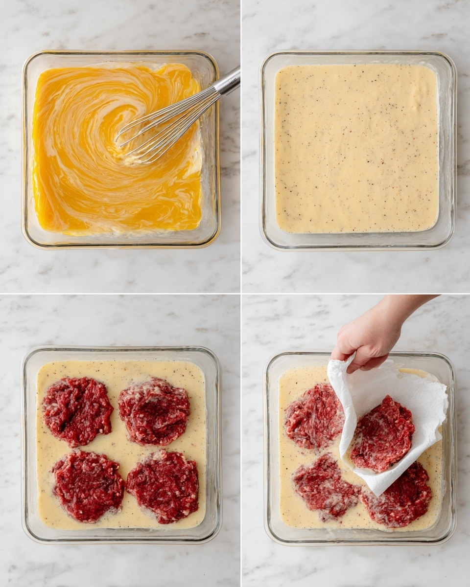 A clear glass square dish is placed on a white marbled surface in all images. In the first image, an orange sauce is being mixed with a white creamy base using a metal whisk, creating a swirl effect. In the second image, the creamy mixture has turned a light beige with visible small black pepper specks and is fully mixed with the metal whisk inside. The third image shows a white plate with four raw, red meat patties spread out; a woman’s hand holds a white paper towel near the edge of the plate on the right side. The fourth image displays the clear glass dish again, now filled halfway with the beige sauce, in which several red raw meat patties are submerged, with parts of the meat showing through the sauce. Photo taken with an iphone --ar 4:5 --v 7
