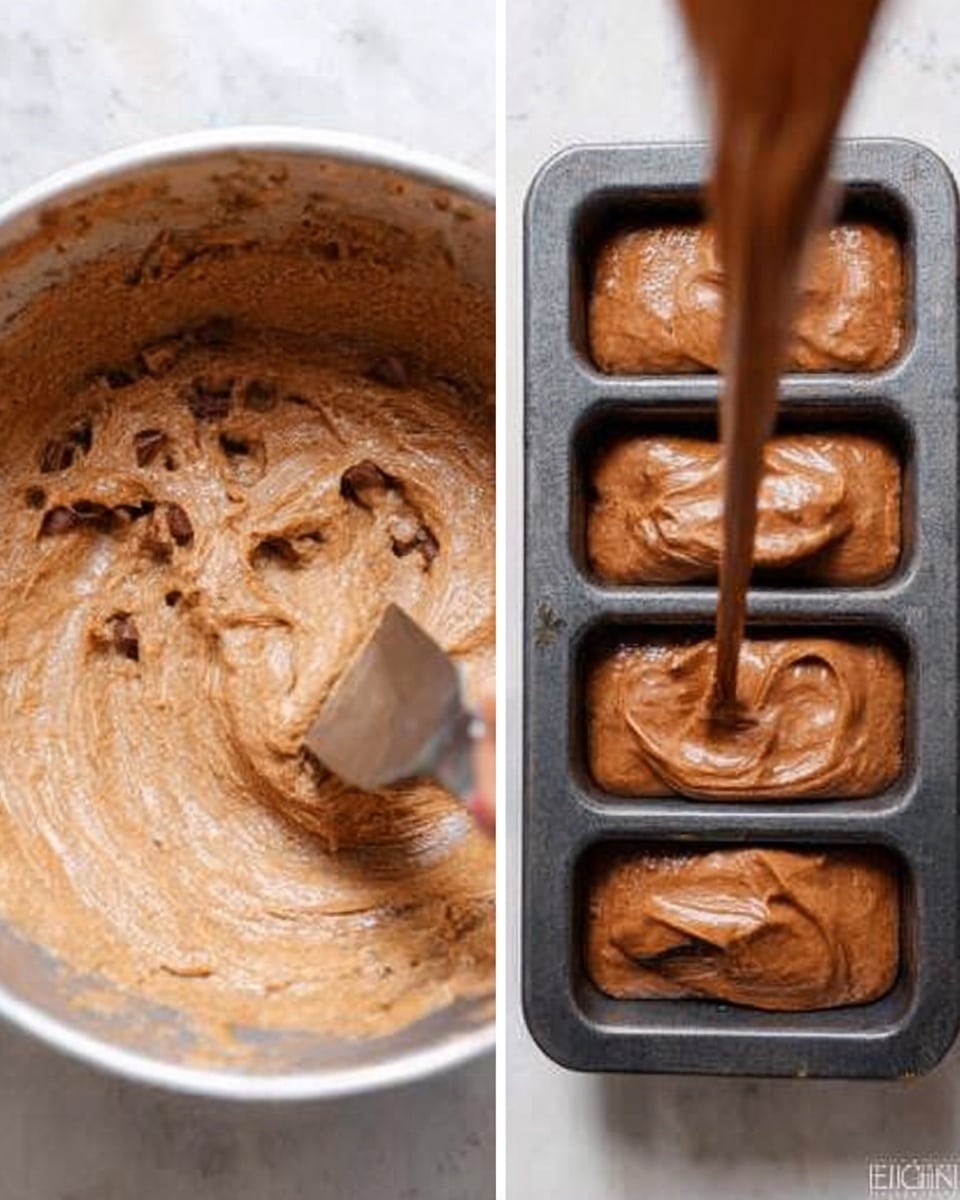 The image shows two steps of making chocolate batter in a kitchen. On the left, there is a close-up of a bowl filled with light brown chocolate batter with small chunks inside. A woman's hand using a spatula is mixing the smooth, creamy batter. On the right, chocolate batter is being poured from a spatula into a dark metal loaf pan with rectangular sections, filling one slot with thick, rich batter. Both photos have a white marbled surface background. Photo taken with an iphone --ar 4:5 --v 7