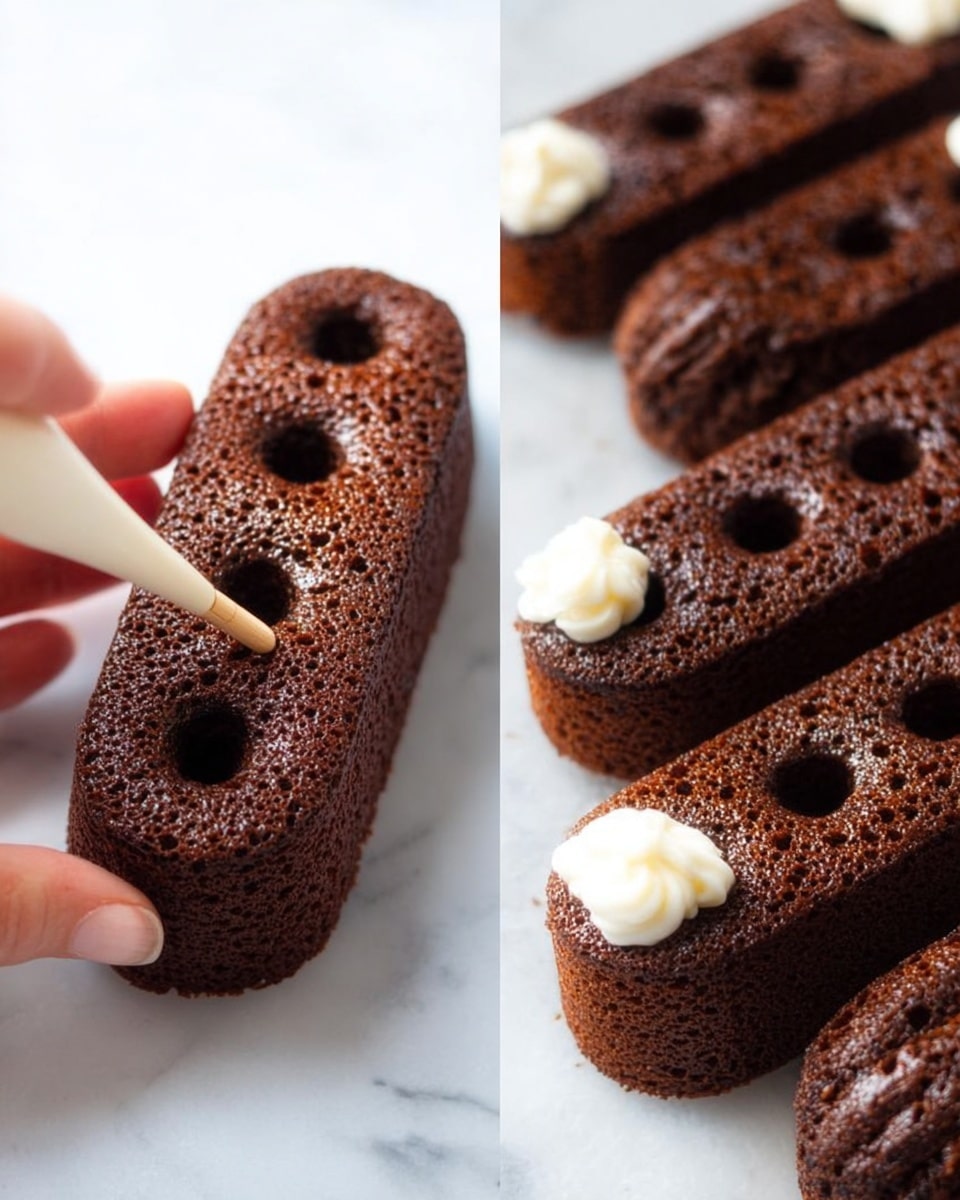 A woman's hand is holding a small, dark brown, spongy cake shaped like a rounded rectangle with a slightly rough texture. The cake has a small hole being made in it with a thin wooden stick. On the right side, the cakes are lying on a white marbled surface in a row. They are dark brown, soft-looking rings with many small holes on top. White cream is being piped into the holes from a white piping bag, with some cream already filled in some cakes. Photo taken with an iphone --ar 4:5 --v 7
