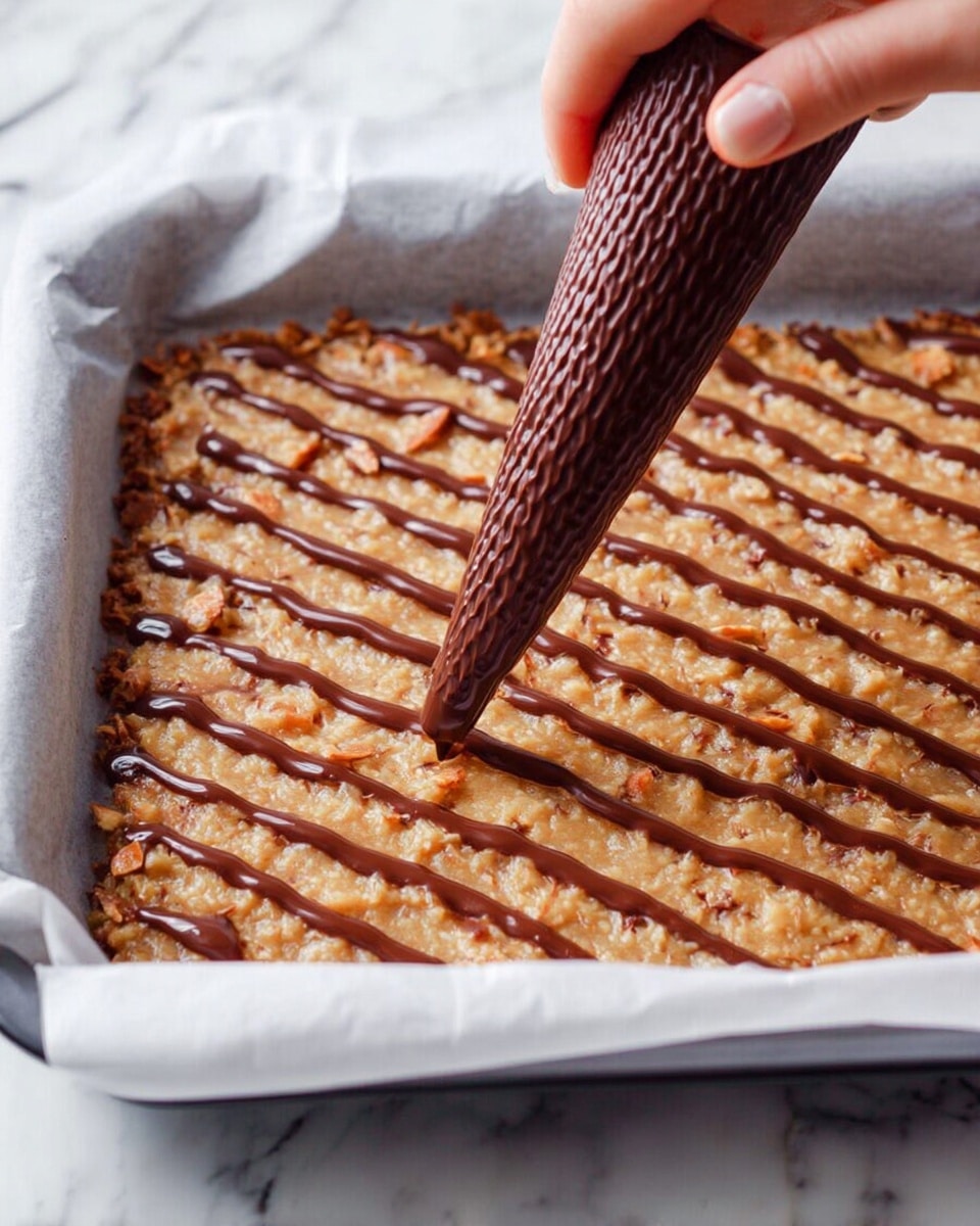 A woman’s hand is holding a textured brown piping bag, squeezing smooth dark brown chocolate in straight thin lines over a rectangular tray filled with a light brown and slightly chunky mixture. The tray is lined with white parchment paper, and the surface underneath is a white marbled texture. The chocolate lines are evenly spaced, running from the top to the bottom of the mixture layer. The picture shows the close-up of the hand and the top part of the tray. photo taken with an iphone --ar 4:5 --v 7