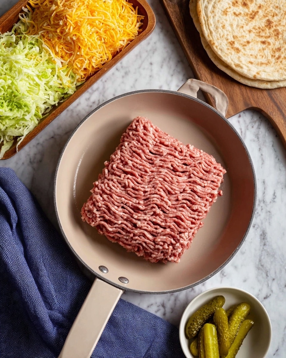 A light beige pan on a white marbled surface holds one large block of raw ground meat with visible texture and a pinkish-red color, centered inside the pan. To the top left, a wooden tray displays a pile of shredded lettuce on the left and a heap of shredded yellow cheese on the right. On the top right, there is a whole round pita bread resting on a wooden board. At the bottom right, a small white bowl with three pickles is visible. A blue cloth is spread beneath the handle of the pan. photo taken with an iphone --ar 4:5 --v 7