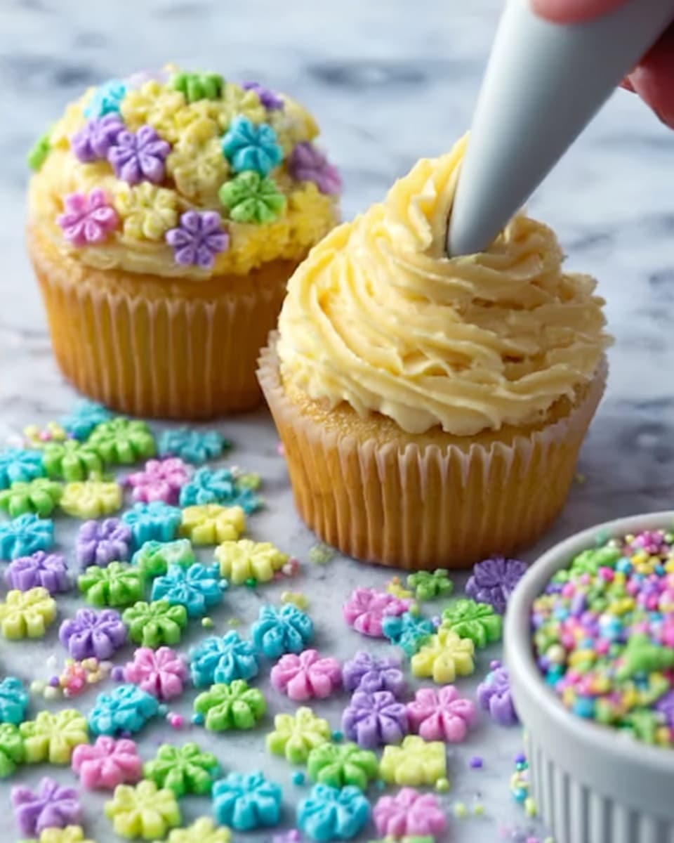 A close-up of two yellow cupcakes on a white marbled surface, one cupcake is being decorated with light yellow frosting piped in soft swirls from a piping bag held by a woman's hand. Around the cupcakes, there are many small, colorful flower-shaped sprinkles scattered in colors like green, blue, purple, pink, and yellow. A white container filled with more of these sprinkles is visible to the right side. The texture of the cupcake frosting looks smooth and creamy. photo taken with an iphone --ar 4:5 --v 7