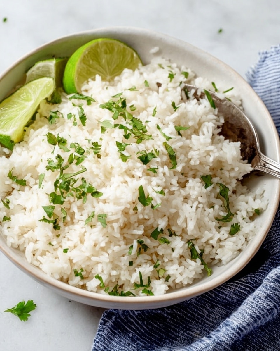 A bowl of white cooked rice topped with small bright green chopped herbs, likely cilantro, scattered evenly across the surface. The rice looks fluffy and soft, with each grain distinct. On the side of the bowl, two lime wedge halves sit leaning against the rice, showing their fresh green color. A silver spoon rests inside the bowl, partly buried in the rice. The bowl is white with a subtle pale texture, placed on a white marbled surface with a blue and white striped cloth partially visible nearby. Photo taken with an iphone --ar 4:5 --v 7