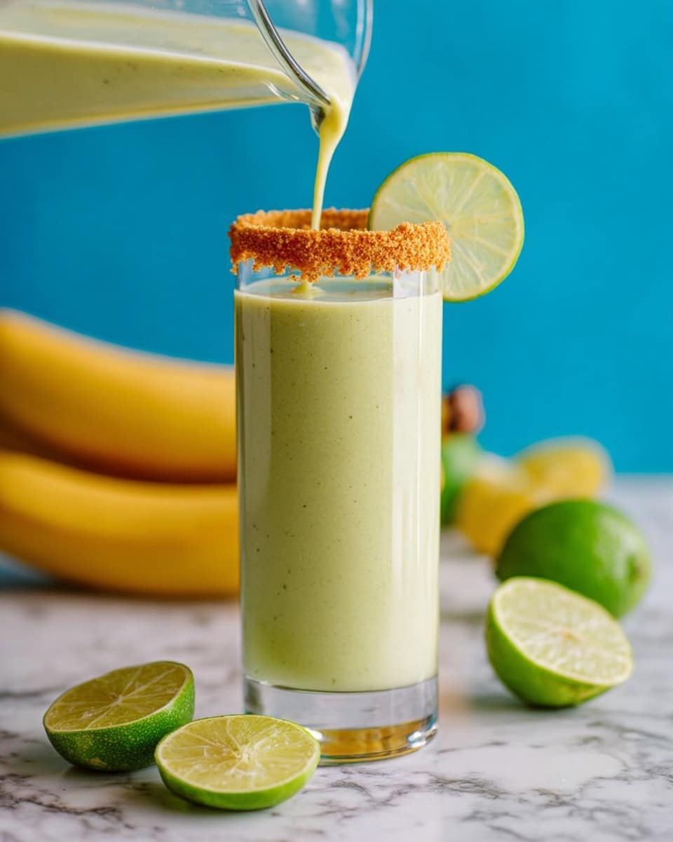 A tall clear glass filled with a light green smoothie, with an orange crumb-like rim on the top edge, is being filled from a clear glass pitcher. A thin slice of lime is placed on the rim of the glass. The smoothie has a thick and smooth texture. In the background, there are two ripe yellow bananas and whole and sliced lime pieces placed on a white marbled surface. The background behind everything is a bright blue. photo taken with an iphone --ar 4:5 --v 7