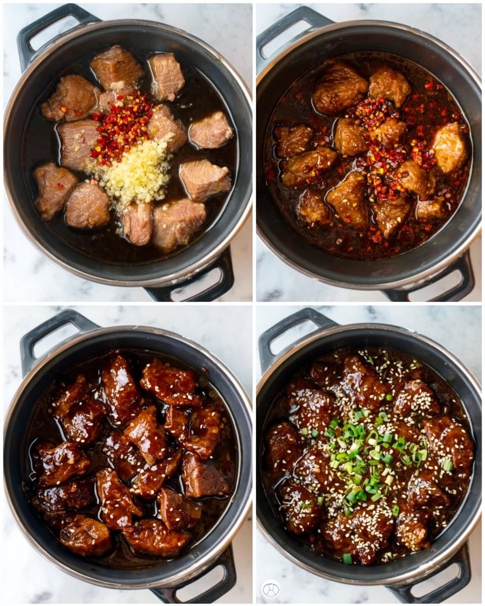 The image shows four stages of cooking a dish in a black pot placed on a white marbled surface. The first stage has raw, pale pink chunks of meat topped with light yellow minced garlic, red chili flakes, and a small amount of sauce in the pot. The second stage shows the meat cooked and covered in a rich, dark brown sauce filling the pot. In the third stage, the meat pieces are more evenly coated with the thick, glossy dark brown sauce, and the texture looks tender and moist. The final stage shows the meat covered with shiny, sticky dark sauce, garnished with white sesame seeds and chopped green onions, all in the same pot on the white marbled background. photo taken with an iphone --ar 4:5 --v 7