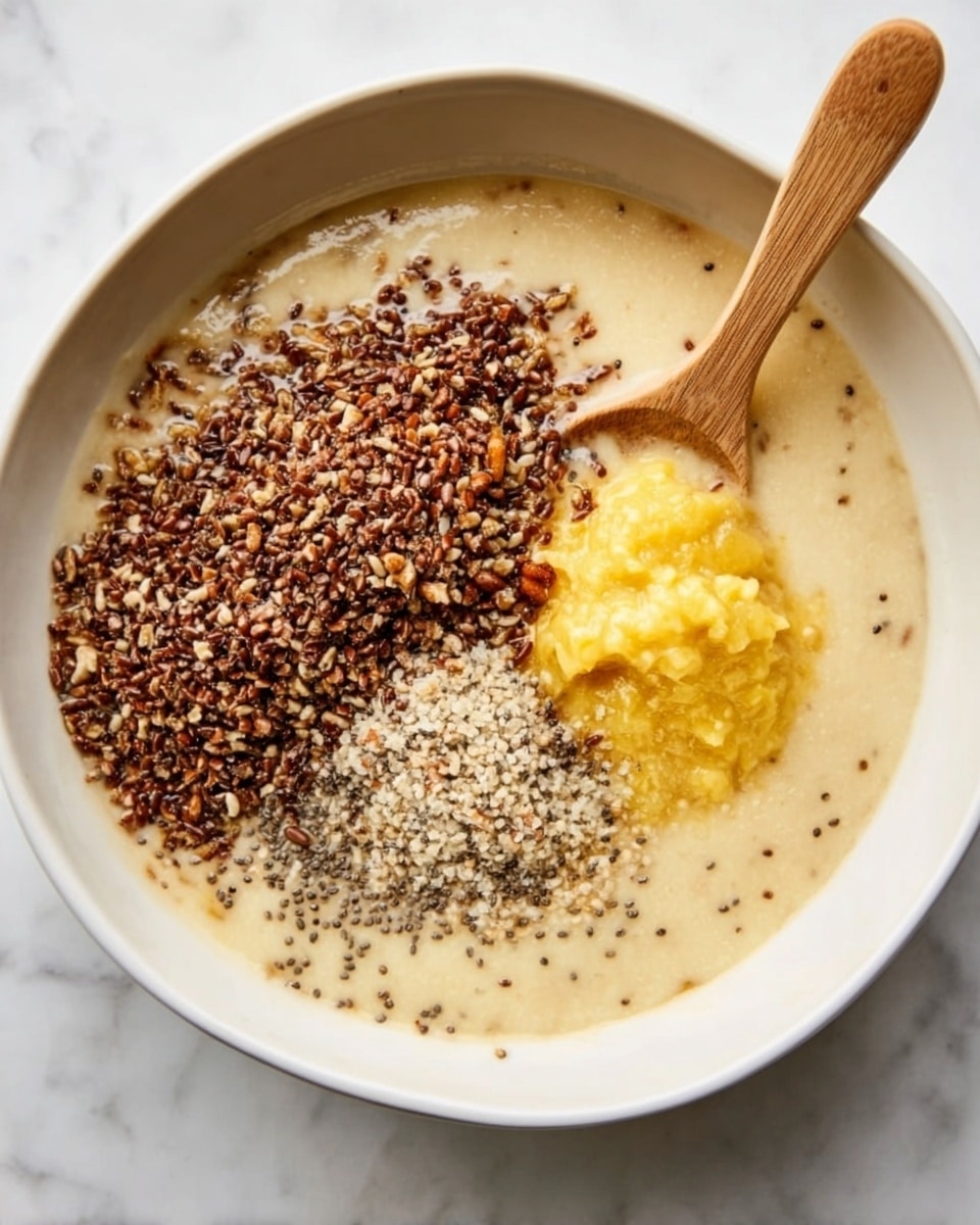 A white bowl filled with a creamy beige mixture forms the base layer, with a large pile of finely crushed seeds or nuts in dark brown piled on one side near the center. Next to it, there is a bright yellow mash or puree forming a rounded mound. A thick beige liquid surrounds these elements, partially filling the bowl. Resting inside the bowl is a light wooden spoon with subtle grain texture. The bowl sits on a white marbled surface. Photo taken with an iphone --ar 4:5 --v 7