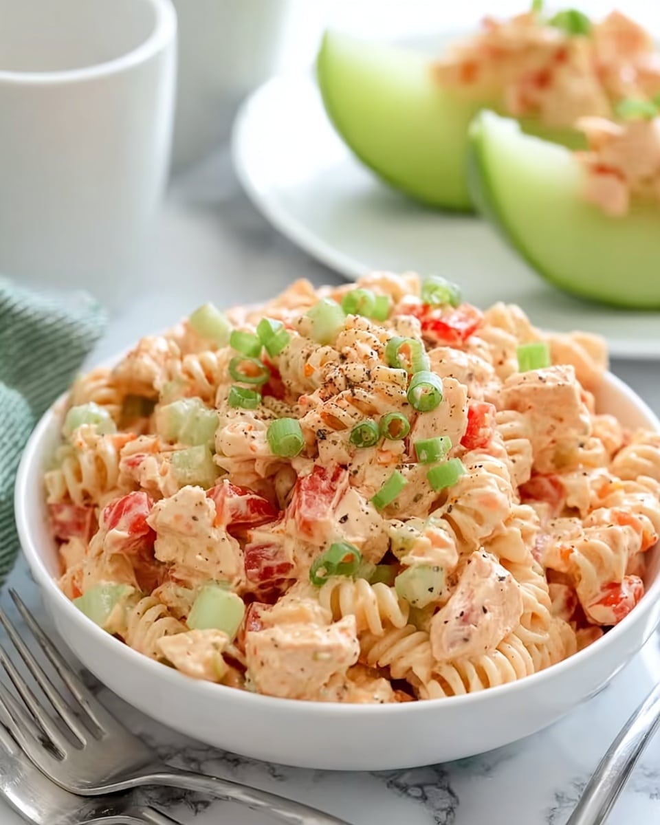 The image shows a white bowl filled with a creamy pasta salad made with spiral pasta, diced red bell peppers, chopped celery, and small pieces of light-colored cooked chicken, all mixed in a smooth, pale orange sauce. The salad is topped with sliced green onions and a sprinkle of black pepper. Behind the bowl is a white plate holding two green melon slices topped with more of the creamy chicken and pasta salad. The setting is on a white marbled surface, with a white cup and a metal fork also visible nearby. Photo taken with an iphone --ar 4:5 --v 7