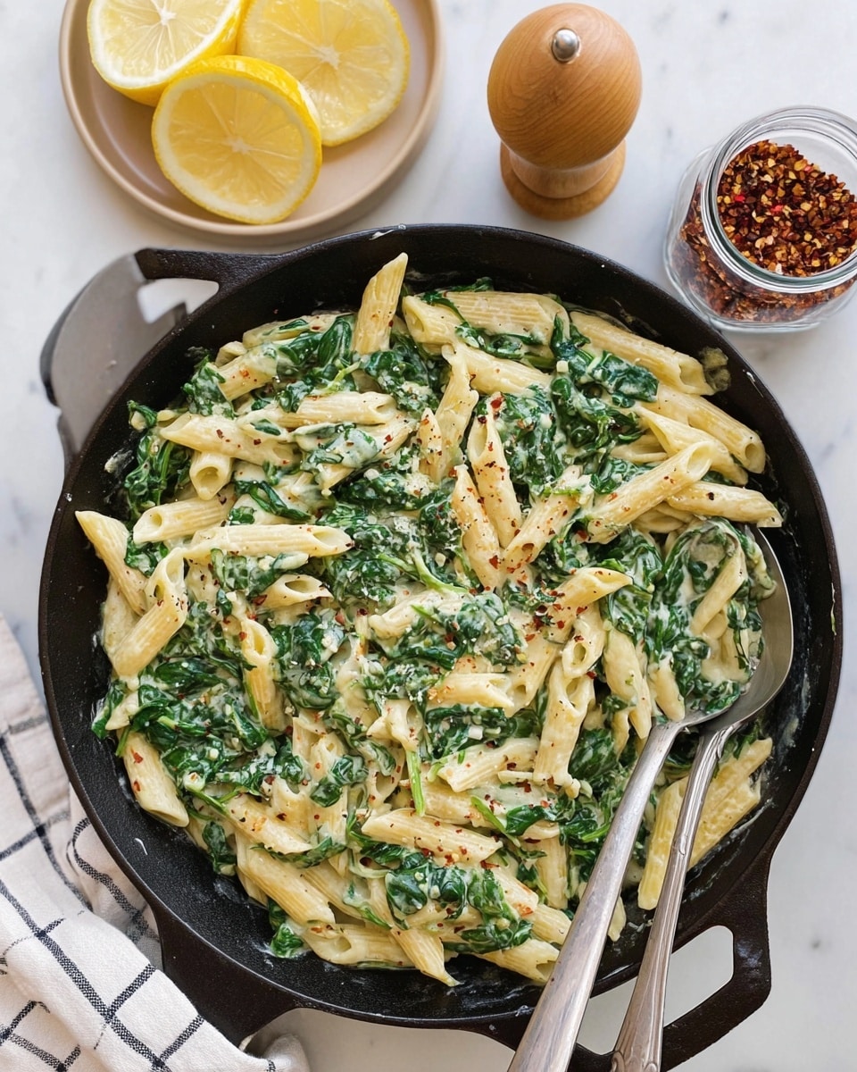 The image shows a black cast iron pan filled with creamy pasta. The pasta is penne, pale yellow in color, mixed evenly with bright green spinach leaves coated in a white creamy sauce with small bits of cheese. The dish is sprinkled lightly with black pepper. A silver spoon and fork rest together on the right side inside the pan. The pan sits on a white marbled surface, surrounded by two lemon wedges on a small beige plate in the upper left corner, a light wooden pepper grinder in the upper right, and a glass jar with red chili flakes at the bottom. A white cloth with black checks is partly under the pan handle. photo taken with an iphone --ar 4:5 --v 7