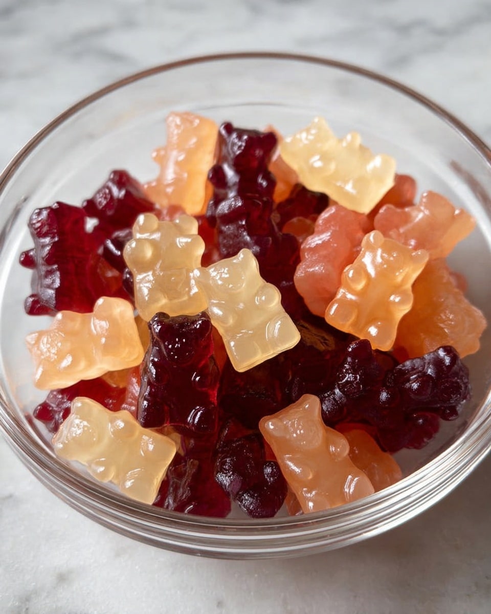 A clear glass bowl sits on a white marbled surface filled with small gummy candies shaped like bears and bottles. The gummies come in two colors: a deep red and a pale peach. The candies are piled casually inside the bowl, showing smooth, shiny textures that catch the light, making them look soft and chewy. The mix of colors and shapes makes the bowl look playful and inviting. photo taken with an iphone --ar 4:5 --v 7