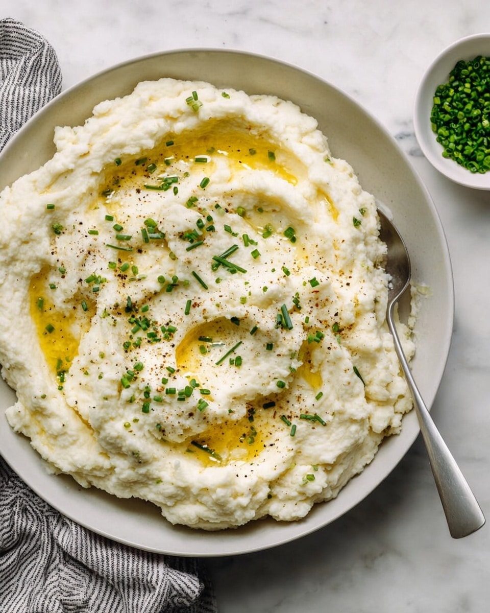 A large white bowl filled with a creamy layer of light, off-white mashed mixture with a smooth but slightly grainy texture. The top is uneven with swirls and small peaks, drizzled with melted yellow butter pools. Small green chive pieces are scattered on top, along with a sprinkle of coarse black pepper. A silver spoon rests inside the bowl, partially submerged in the mash. The bowl sits on a white marbled surface next to a small white bowl of chopped green chives and a striped gray and white cloth napkin. photo taken with an iphone --ar 4:5 --v 7