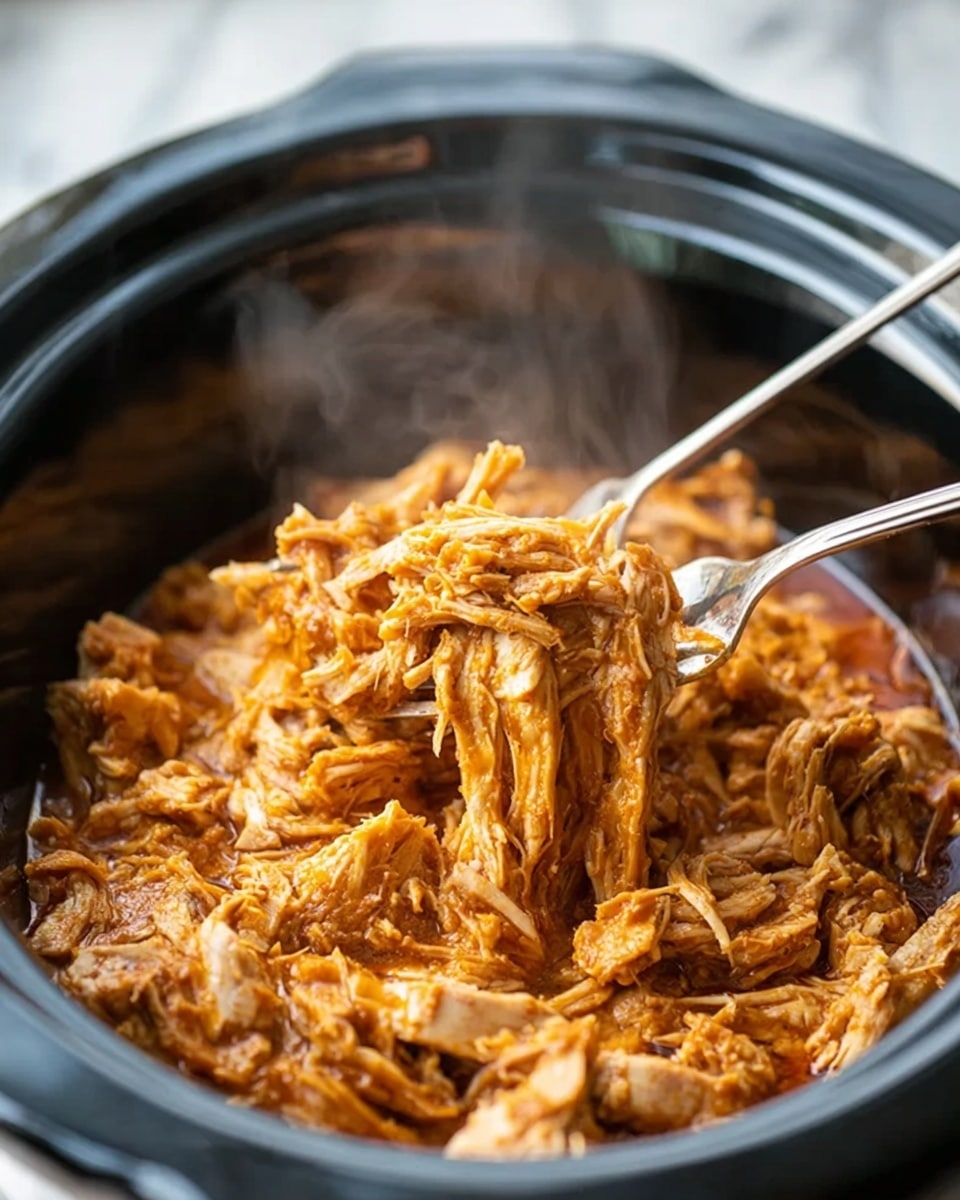A close-up view shows shredded cooked chicken being pulled apart by two forks over a black slow cooker. The chicken is covered in a thick, orange-brown sauce and looks tender with visible fibers of the meat. Steam rises from the slow cooker, giving a warm and fresh-cooked feel. The slow cooker edges are visible, framing the dish, and the background is a soft white marbled texture. photo taken with an iphone --ar 4:5 --v 7